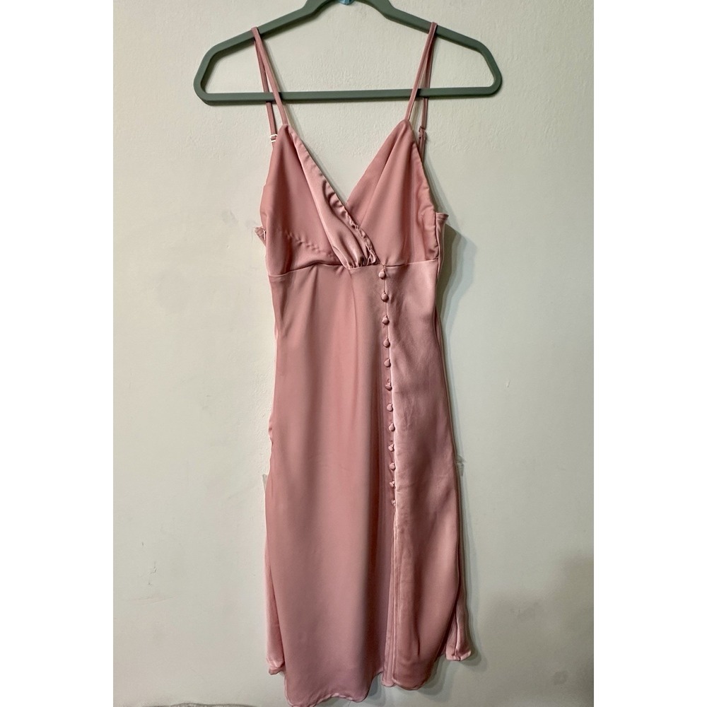 AMY & CLO Paris Pink Satin Slip Dress Size S V-Neck Button Side Slit Midi Party